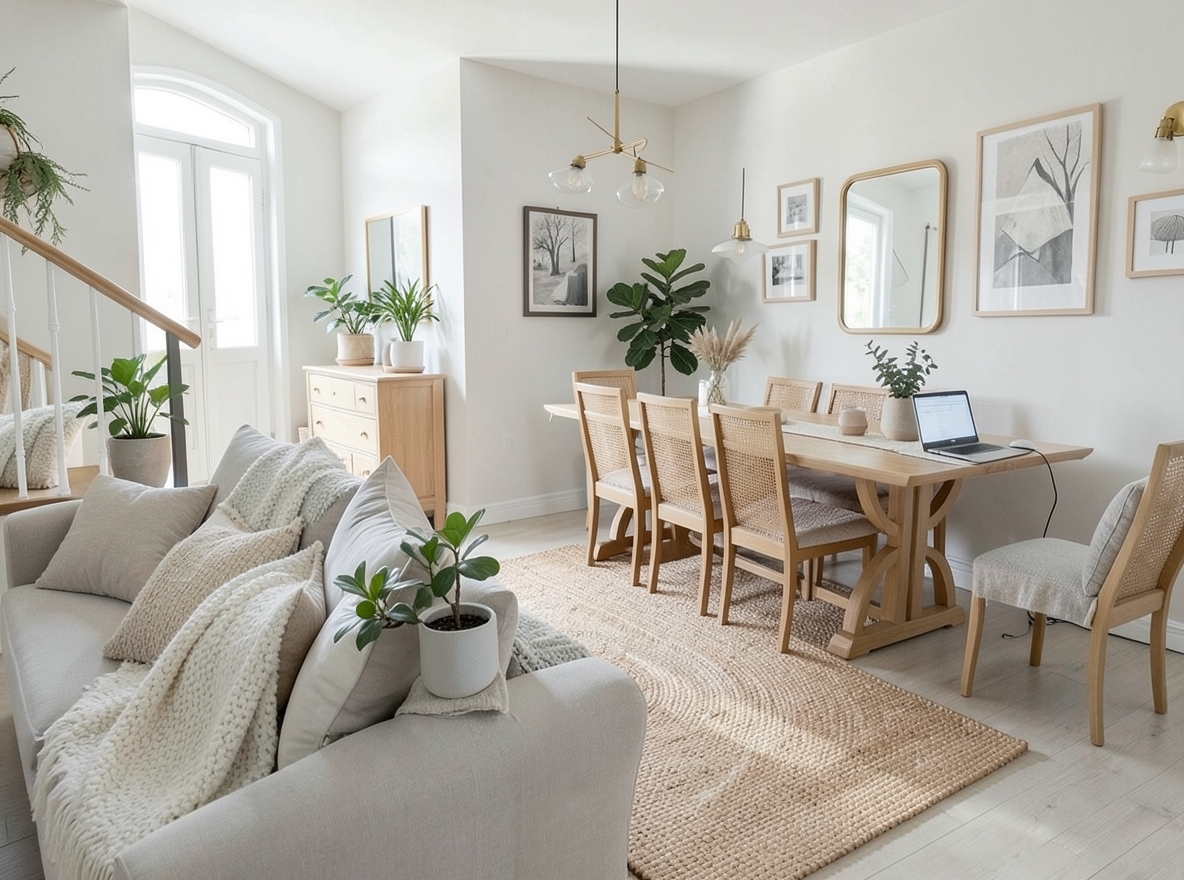 Main redesign studio: Redesign this room in a Scandinavian interior style: light oak wood, a white and soft-grey palette, wool and linen textiles, a woven jute rug, leafy p