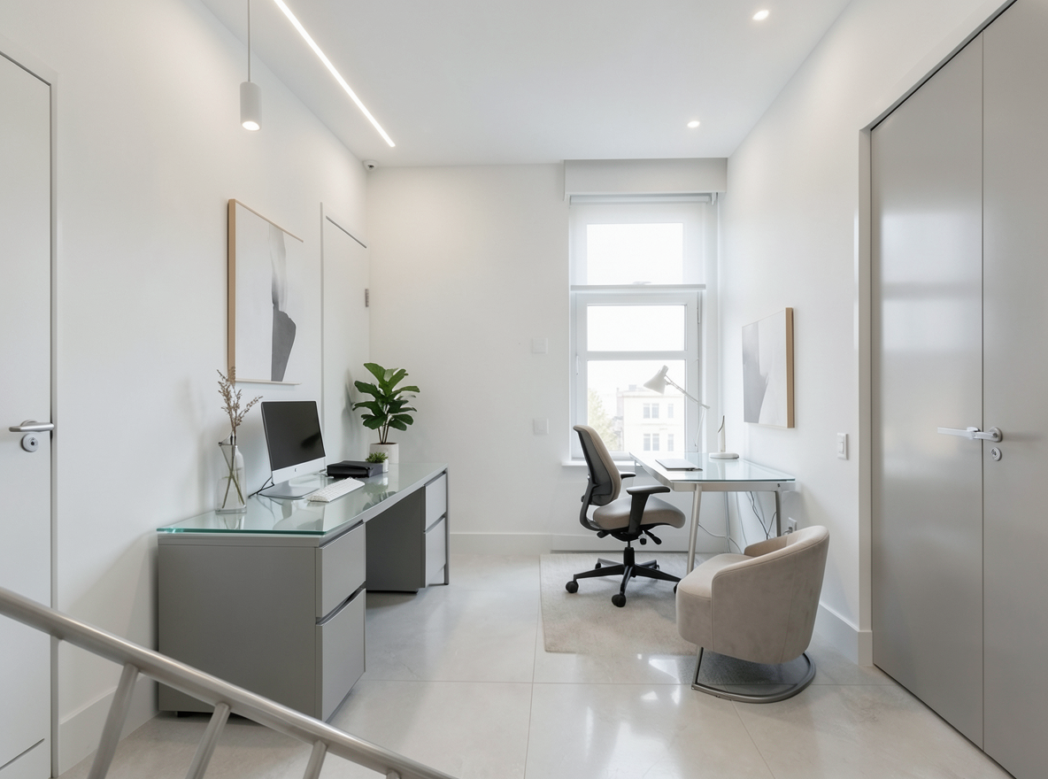 Main redesign studio: Redesign this room in a Modern interior style: clean lines, a neutral palette with bold accents, sleek low-profile furniture, glass and matte-metal su