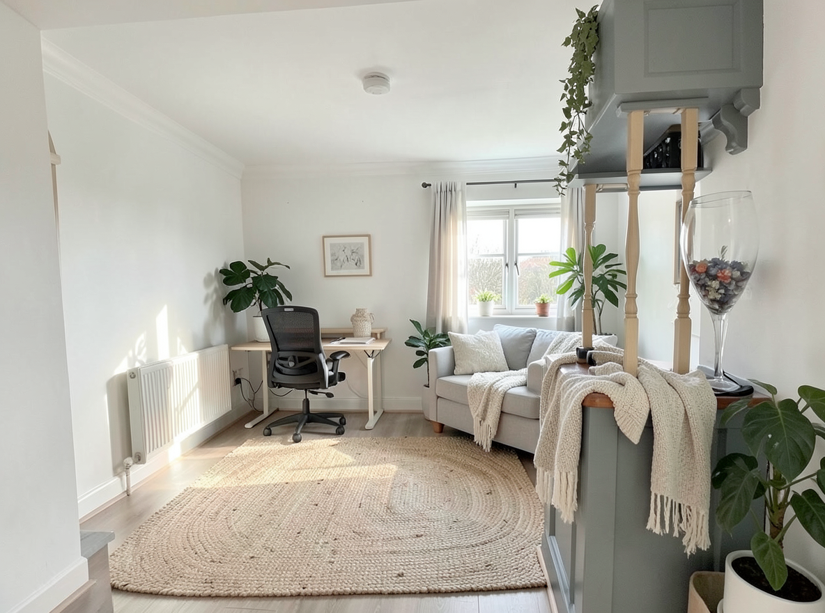 Main redesign studio: Redesign this room in a Scandinavian interior style: light oak wood, a white and soft-grey palette, wool and linen textiles, a woven jute rug, leafy p