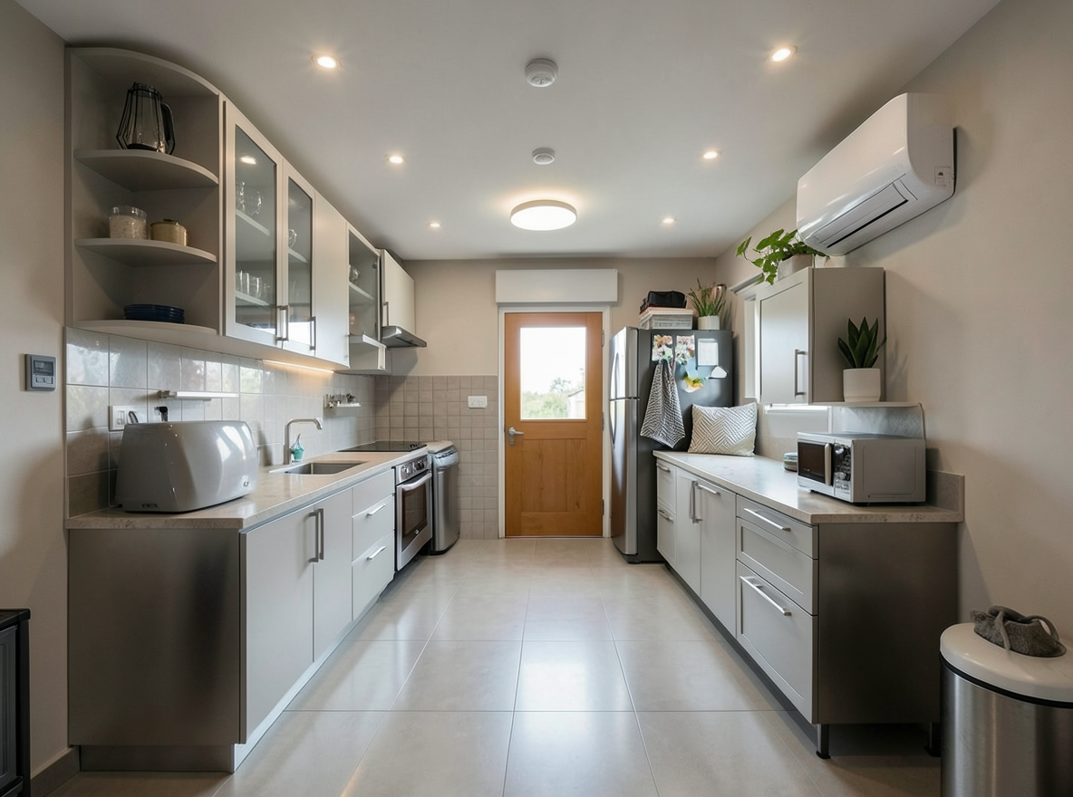 Main redesign studio: Redesign this room in a Modern interior style: clean lines, a neutral palette with bold accents, sleek low-profile furniture, glass and matte-metal su