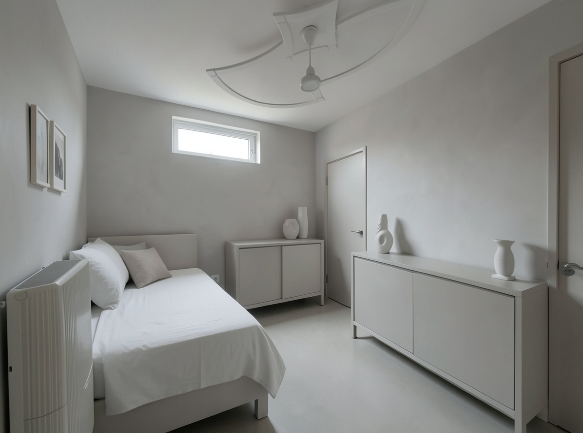 Main redesign studio: Redesign this room in a Minimalist interior style: an uncluttered space, a monochrome neutral palette, a few sculptural pieces, concealed storage, sof