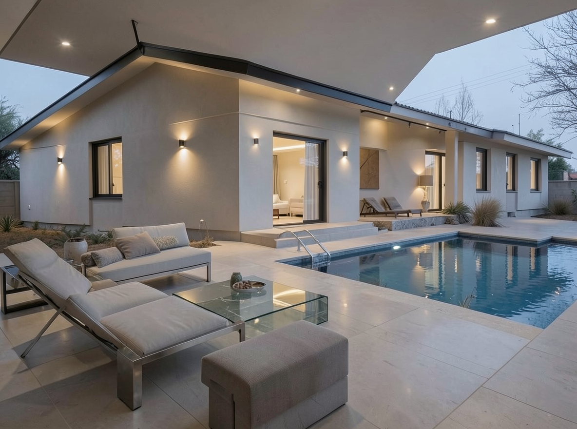 Main redesign studio: Redesign this room in a Modern interior style: clean lines, a neutral palette with bold accents, sleek low-profile furniture, glass and matte-metal su