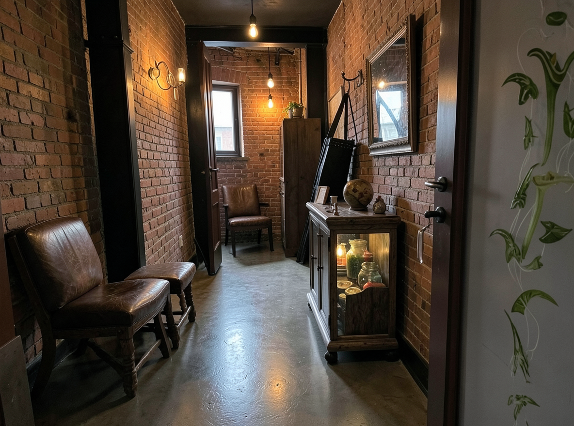 Main redesign studio: Redesign this room in a Industrial interior style: exposed-brick walls, black steel and reclaimed-wood furniture, polished concrete floor, leather acc