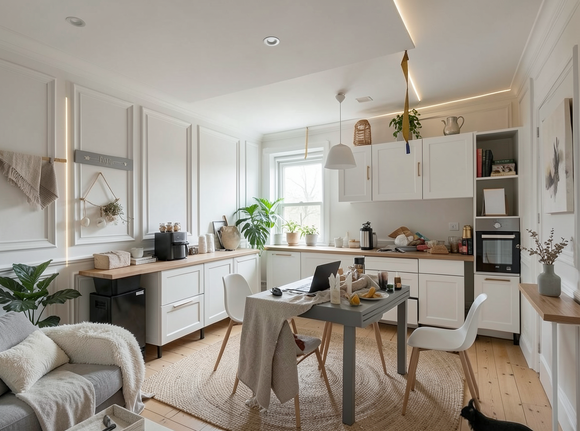 Main redesign studio: Redesign this room in a Scandinavian interior style: light oak wood, a white and soft-grey palette, wool and linen textiles, a woven jute rug, leafy p