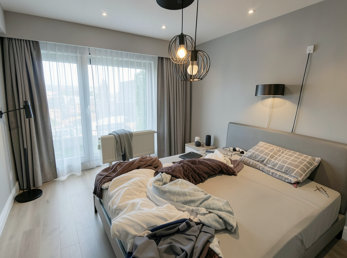 Main redesign studio: Redesign this room in a Modern interior style: clean lines, a neutral palette with bold accents, sleek low-profile furniture, glass and matte-metal su