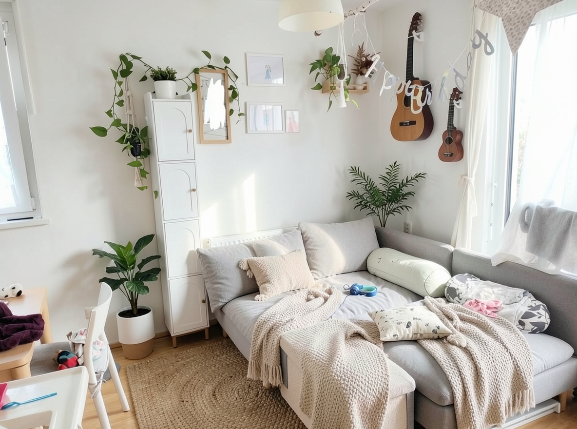 Main redesign studio: Redesign this room in a Scandinavian interior style: light oak wood, a white and soft-grey palette, wool and linen textiles, a woven jute rug, leafy p
