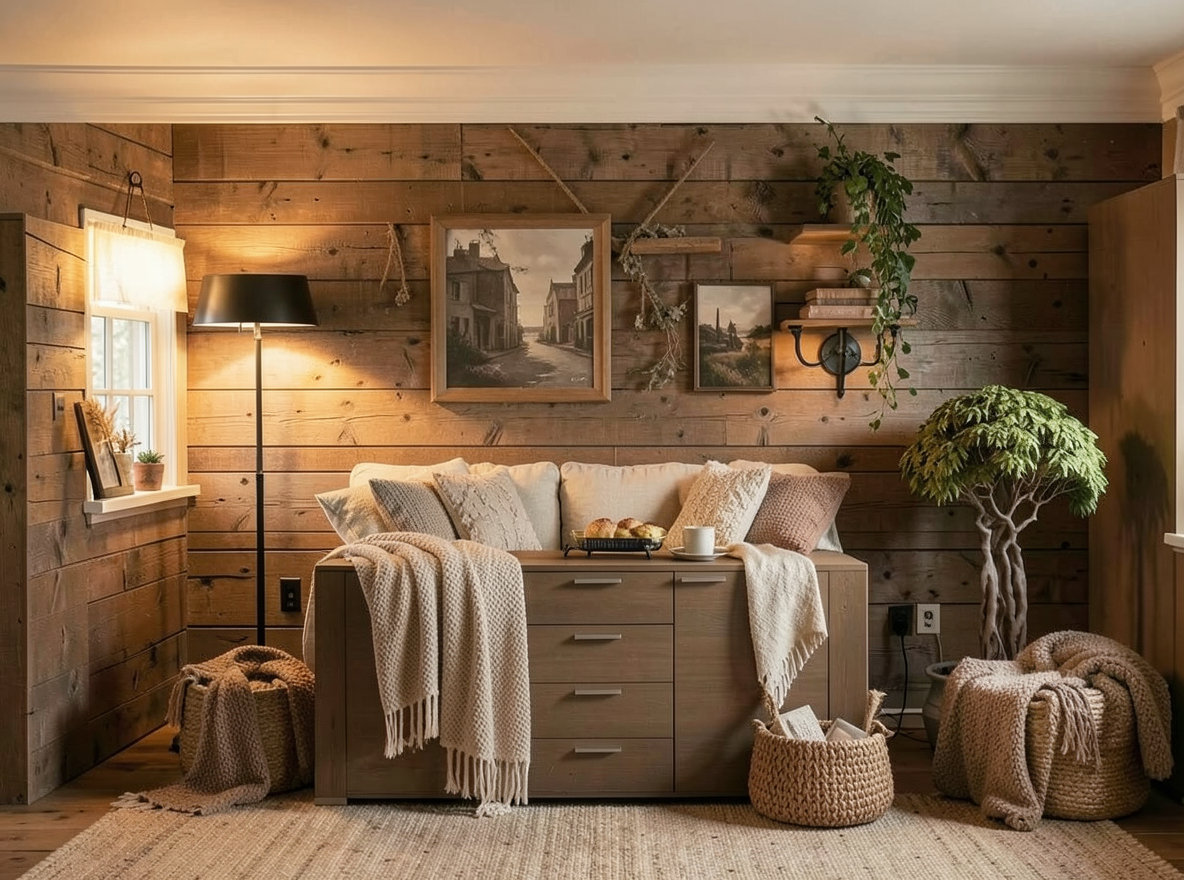 Main redesign studio: Redesign this room in a Farmhouse interior style: shiplap walls, warm reclaimed wood, matte-black fixtures, cozy neutral textiles, vintage accents, so