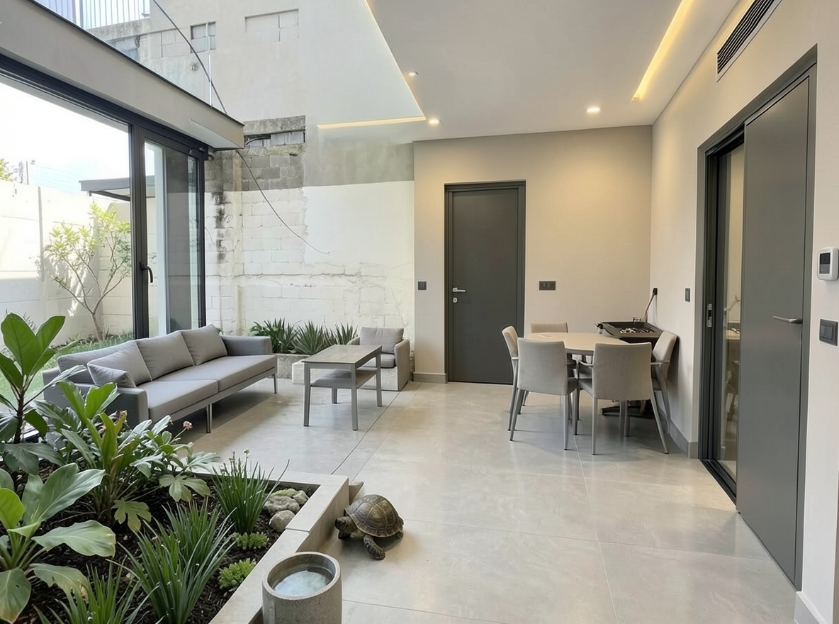 Main redesign studio: Redesign this room in a Modern interior style: clean lines, a neutral palette with bold accents, sleek low-profile furniture, glass and matte-metal su
