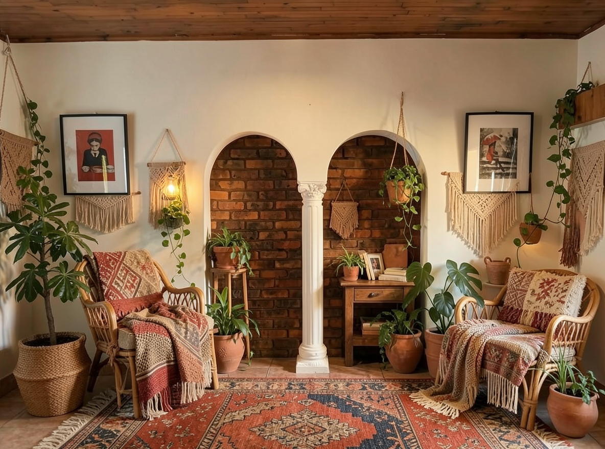 Main redesign studio: Redesign this room in a Boho interior style: layered patterned textiles, rattan and macramé, terracotta and warm earthy tones, abundant plants, vintag
