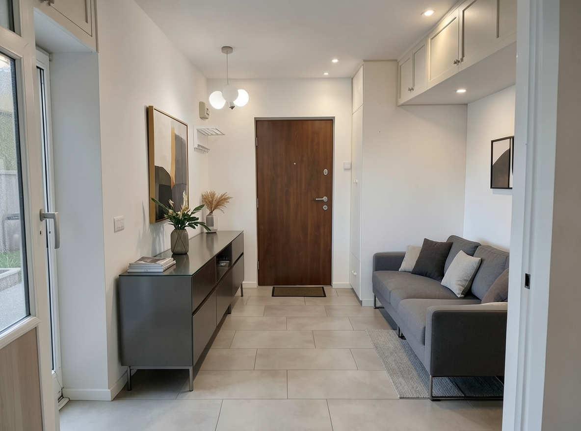 Main redesign studio: Redesign this room in a Modern interior style: clean lines, a neutral palette with bold accents, sleek low-profile furniture, glass and matte-metal su