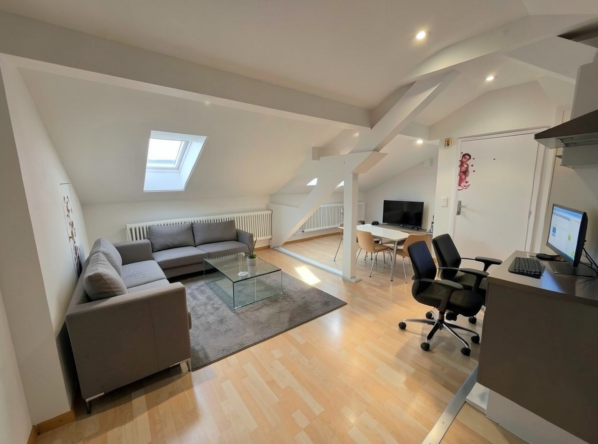 Main redesign studio: Redesign this room in a Modern interior style: clean lines, a neutral palette with bold accents, sleek low-profile furniture, glass and matte-metal su