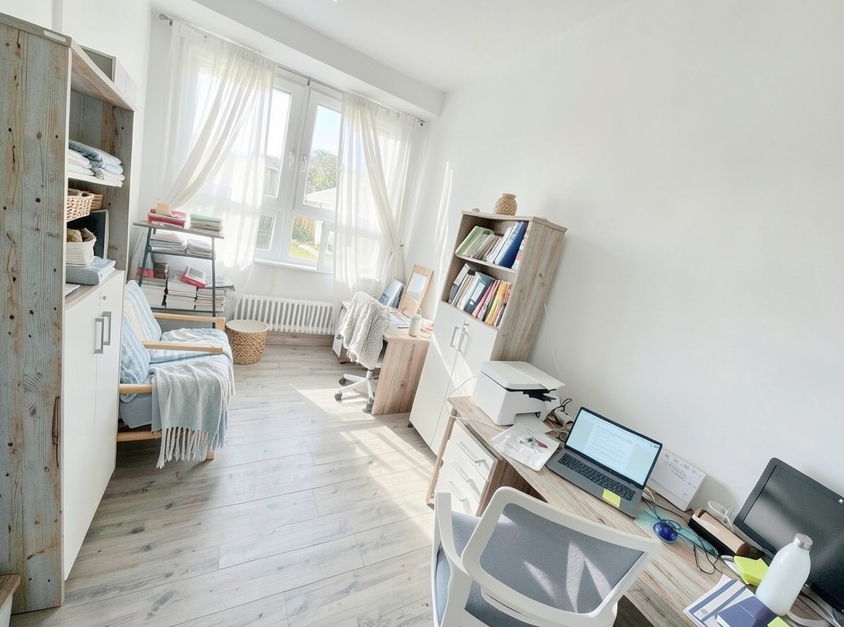 Main redesign studio: Redesign this room in a Coastal interior style: airy whites and soft-blue tones, weathered light wood, natural linen and woven textures, breezy sheer 
