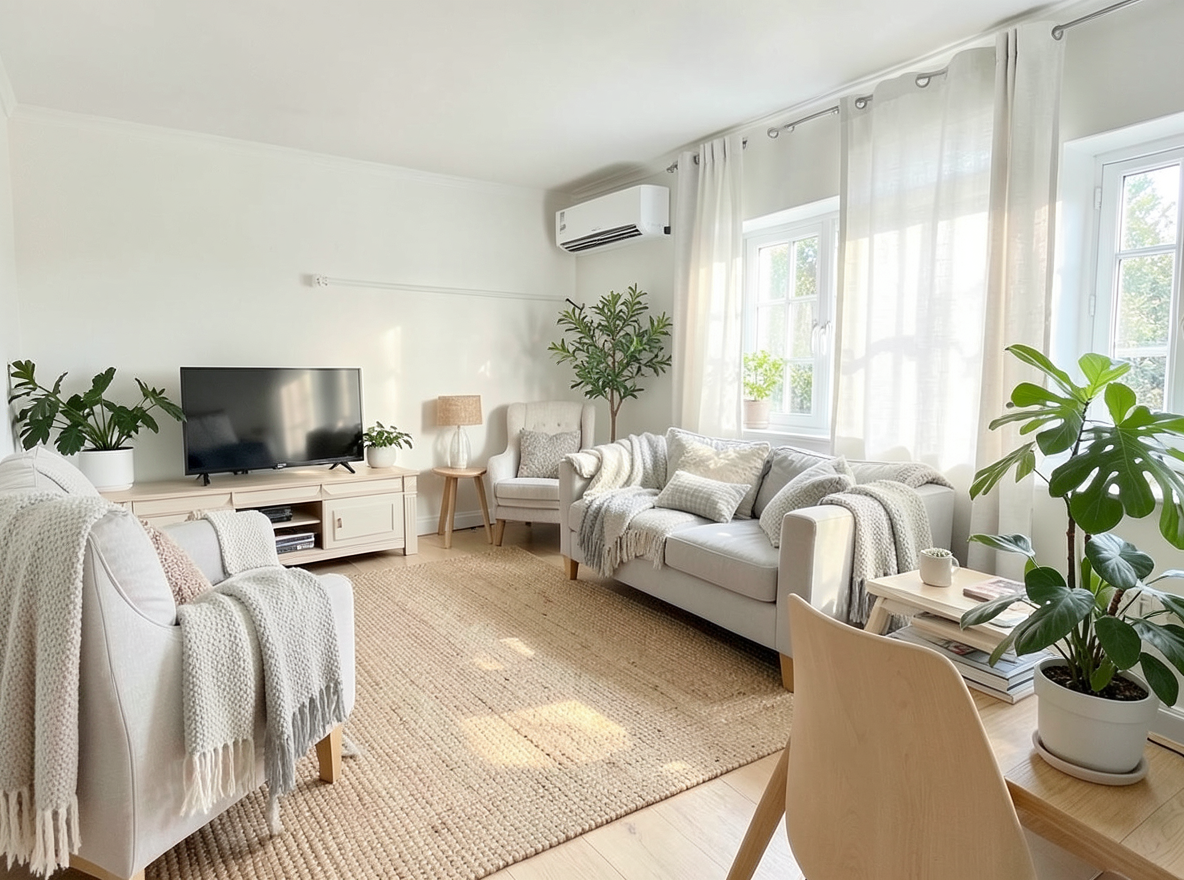 Main redesign studio: Redesign this room in a Scandinavian interior style: light oak wood, a white and soft-grey palette, wool and linen textiles, a woven jute rug, leafy p