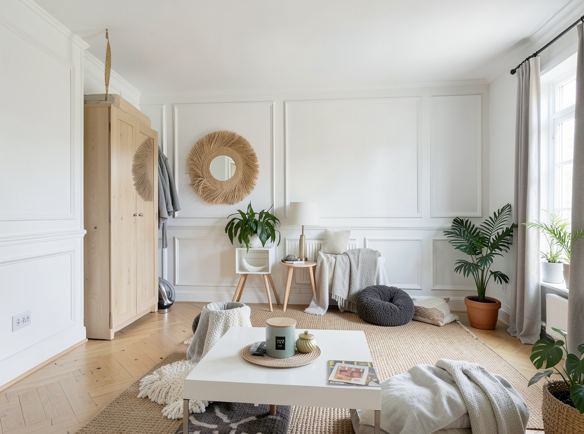 Main redesign studio: Redesign this room in a Scandinavian interior style: light oak wood, a white and soft-grey palette, wool and linen textiles, a woven jute rug, leafy p