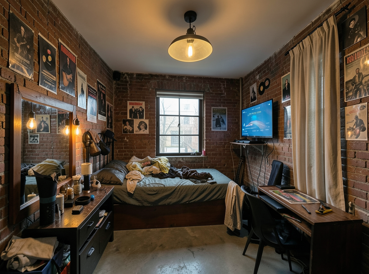Main redesign studio: Redesign this room in a Industrial interior style: exposed-brick walls, black steel and reclaimed-wood furniture, polished concrete floor, leather acc