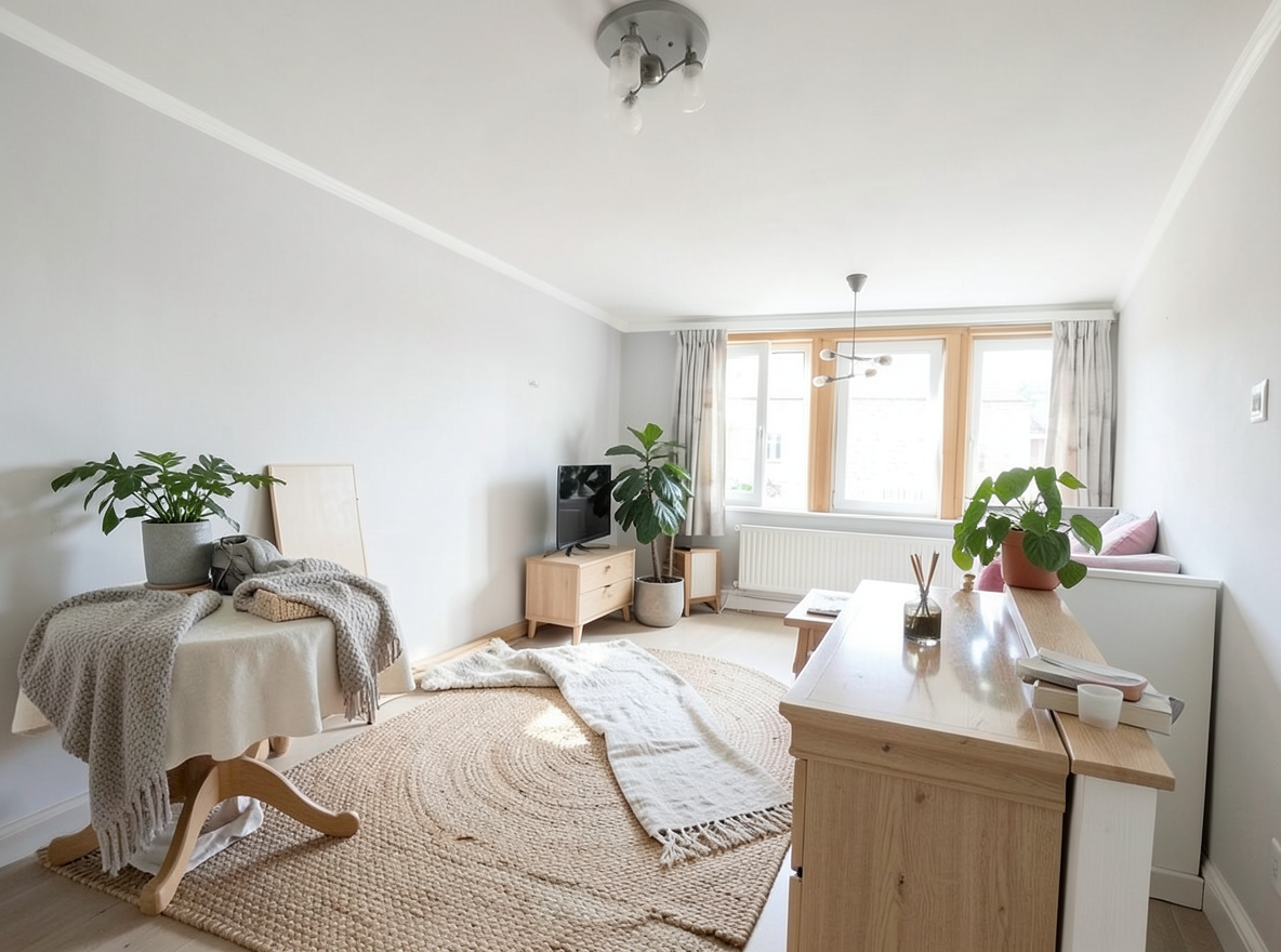 Main redesign studio: Redesign this room in a Scandinavian interior style: light oak wood, a white and soft-grey palette, wool and linen textiles, a woven jute rug, leafy p