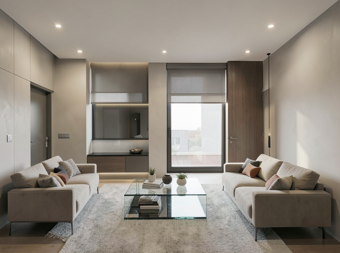 Main redesign studio: Redesign this room in a Modern interior style: clean lines, a neutral palette with bold accents, sleek low-profile furniture, glass and matte-metal su