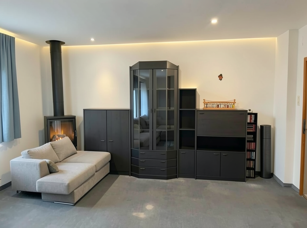 Main redesign studio: Redesign this room in a Modern interior style: clean lines, a neutral palette with bold accents, sleek low-profile furniture, glass and matte-metal su