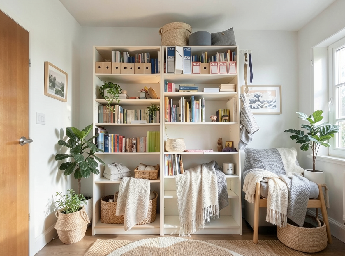 Main redesign studio: Redesign this room in a Scandinavian interior style: light oak wood, a white and soft-grey palette, wool and linen textiles, a woven jute rug, leafy p