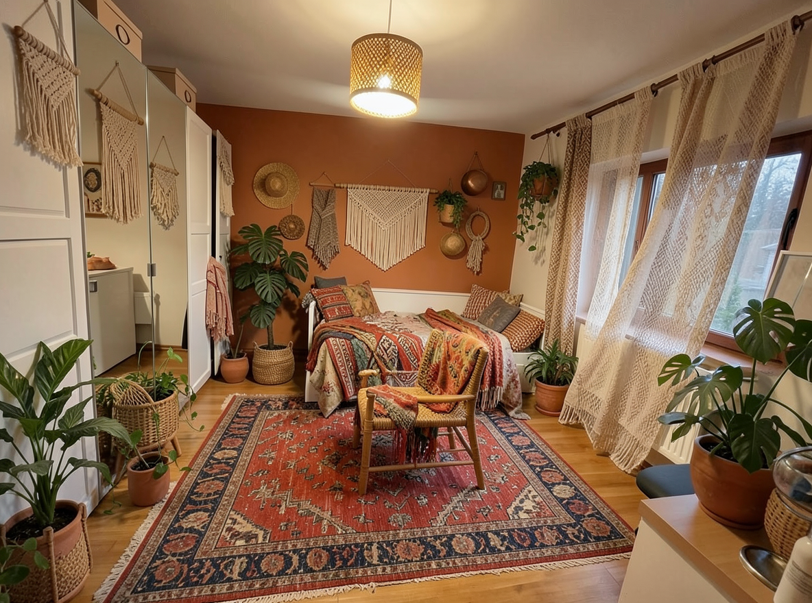 Main redesign studio: Redesign this room in a Boho interior style: layered patterned textiles, rattan and macramé, terracotta and warm earthy tones, abundant plants, vintag