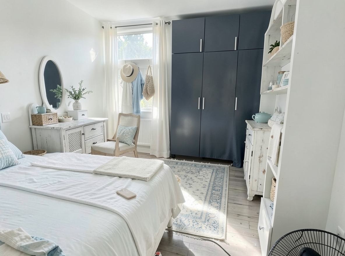 Main redesign studio: Redesign this room in a Coastal interior style: airy whites and soft-blue tones, weathered light wood, natural linen and woven textures, breezy sheer
