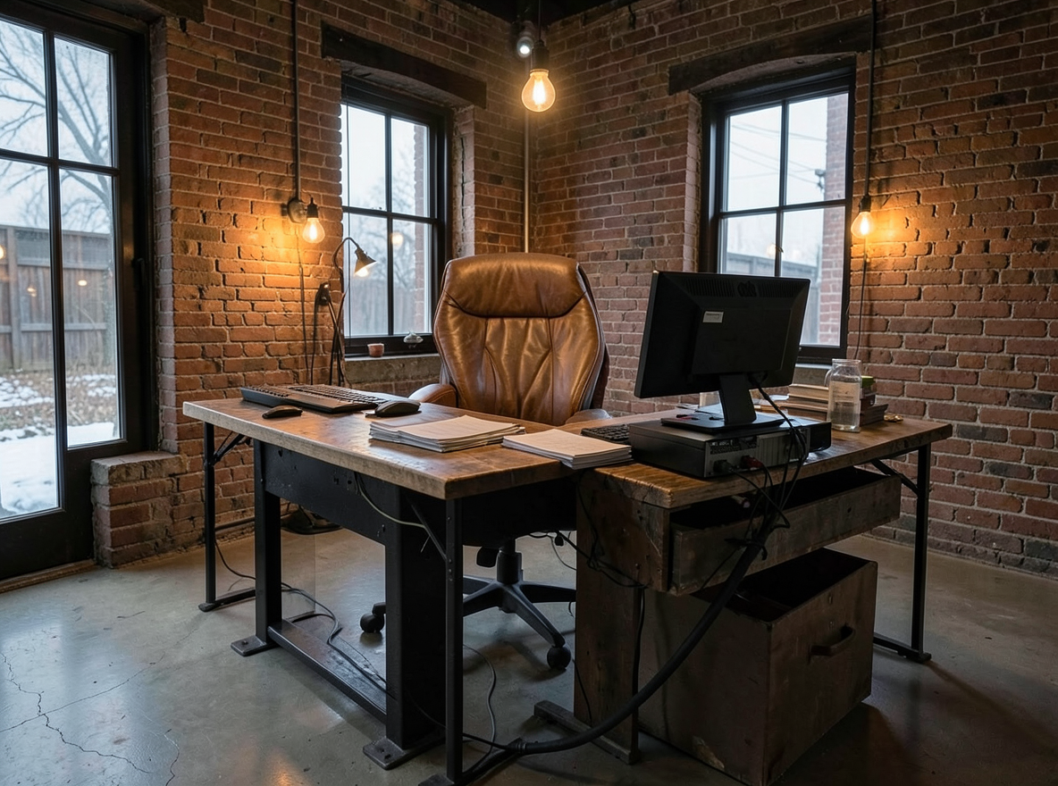 Main redesign studio: Redesign this room in a Industrial interior style: exposed-brick walls, black steel and reclaimed-wood furniture, polished concrete floor, leather acc
