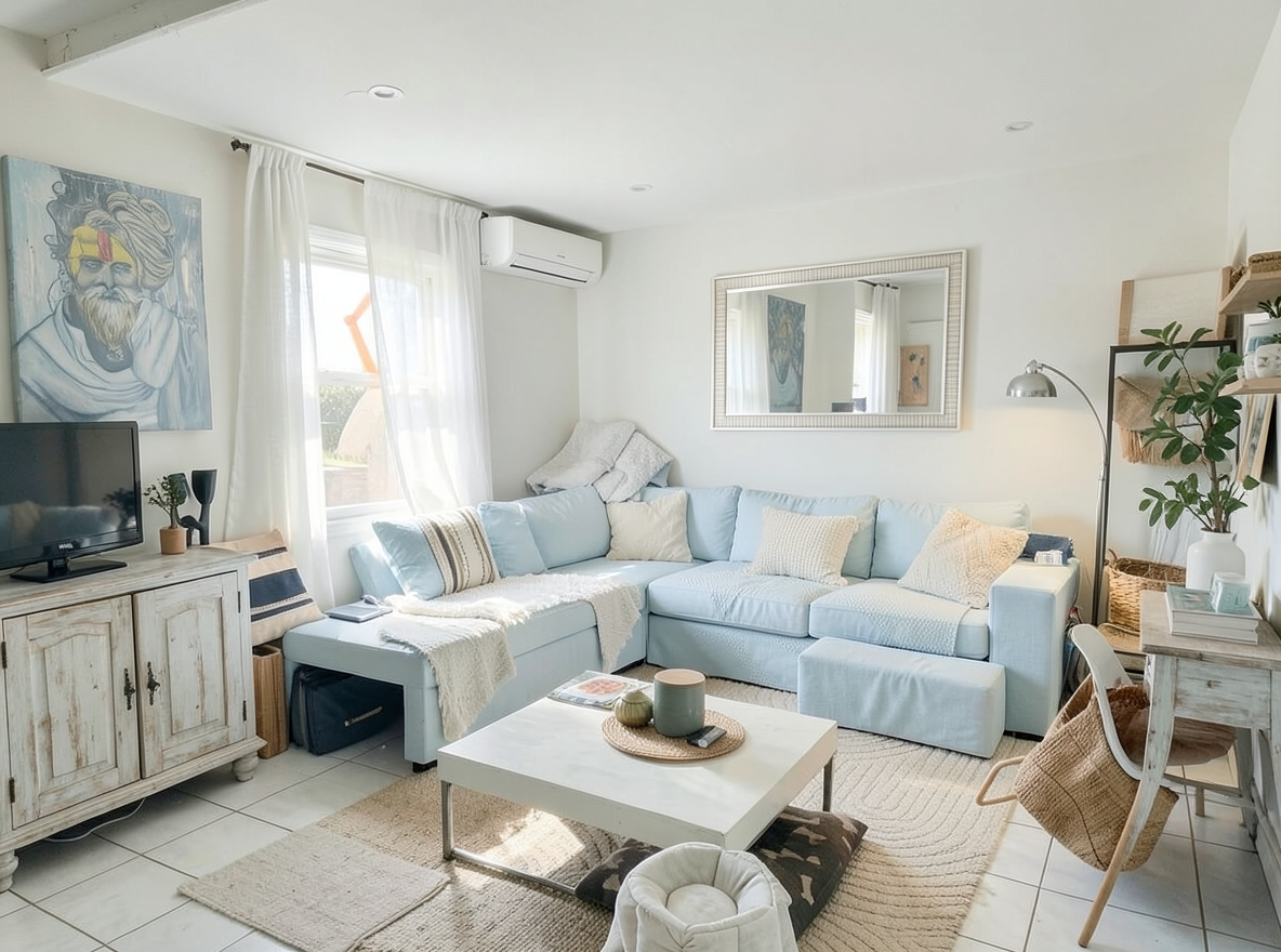 Main redesign studio: Redesign this room in a Coastal interior style: airy whites and soft-blue tones, weathered light wood, natural linen and woven textures, breezy sheer 