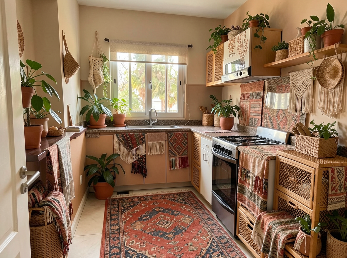 Main redesign studio: Redesign this room in a Boho interior style: layered patterned textiles, rattan and macramé, terracotta and warm earthy tones, abundant plants, vintag