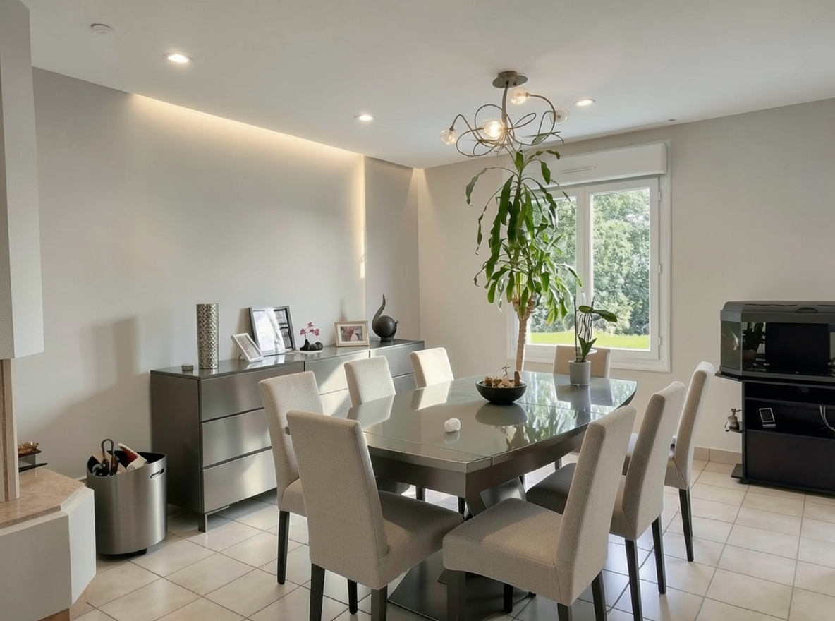 Main redesign studio: Redesign this room in a Modern interior style: clean lines, a neutral palette with bold accents, sleek low-profile furniture, glass and matte-metal su