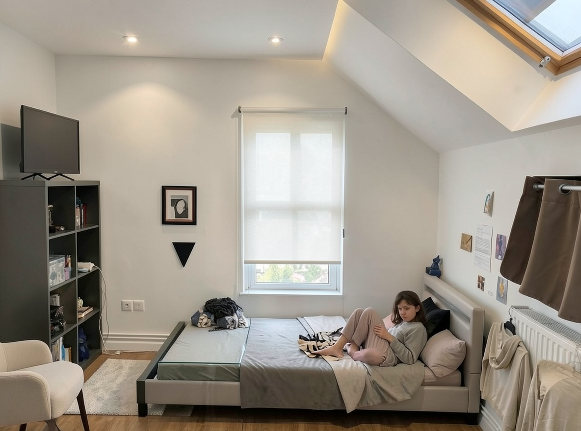 Main redesign studio: Redesign this room in a Modern interior style: clean lines, a neutral palette with bold accents, sleek low-profile furniture, glass and matte-metal su