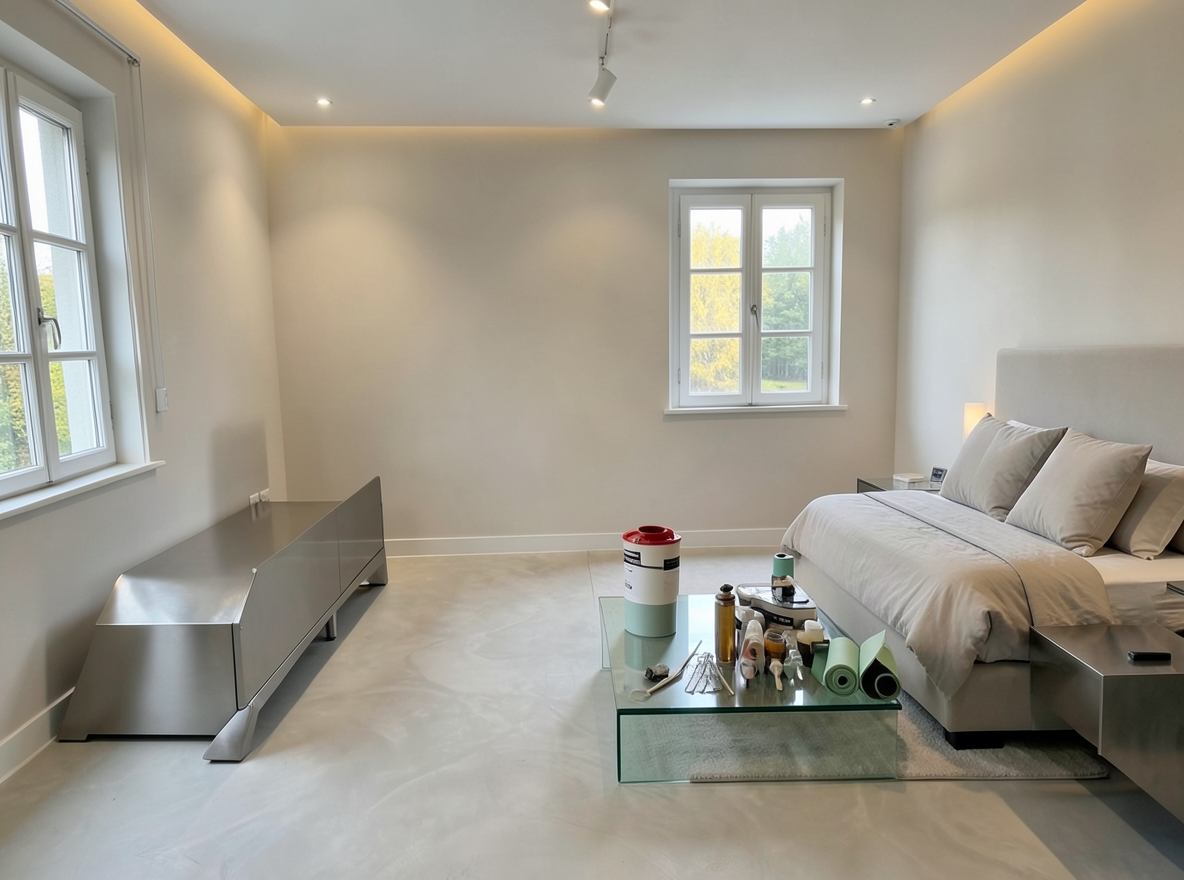 Main redesign studio: Redesign this room in a Modern interior style: clean lines, a neutral palette with bold accents, sleek low-profile furniture, glass and matte-metal su