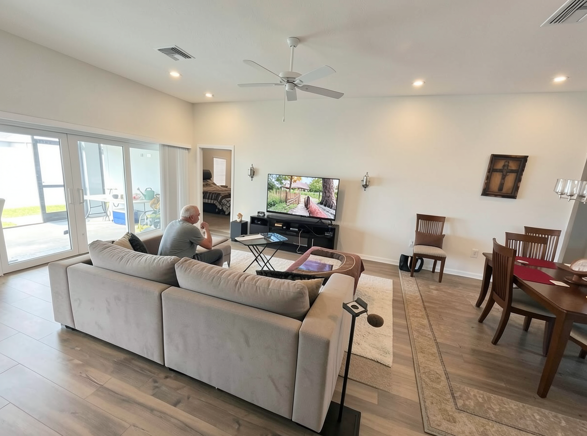Main redesign studio: Redesign this room in a Modern interior style: clean lines, a neutral palette with bold accents, sleek low-profile furniture, glass and matte-metal su