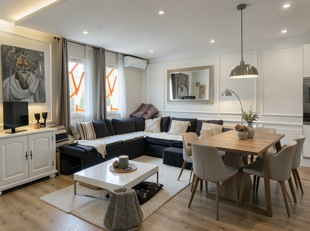 Main redesign studio: Redesign this room in a Modern interior style: clean lines, a neutral palette with bold accents, sleek low-profile furniture, glass and matte-metal su