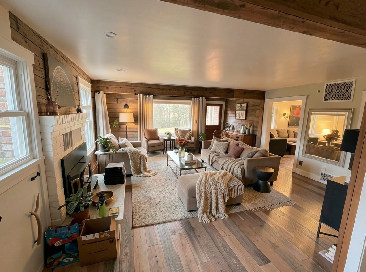 Main redesign studio: Redesign this room in a Farmhouse interior style: shiplap walls, warm reclaimed wood, matte-black fixtures, cozy neutral textiles, vintage accents, so