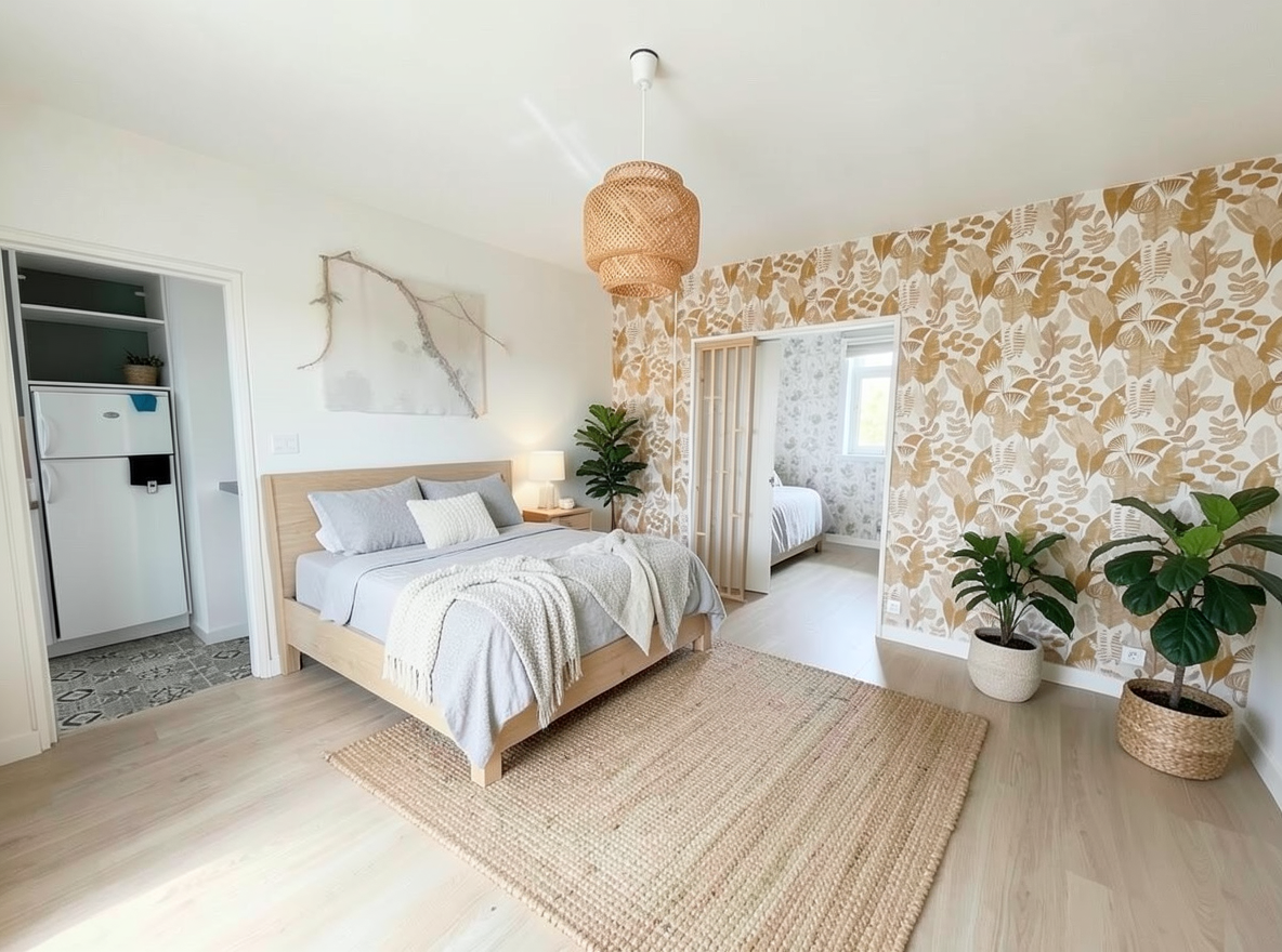 Main redesign studio: Redesign this room in a Scandinavian interior style: light oak wood, a white and soft-grey palette, wool and linen textiles, a woven jute rug, leafy p
