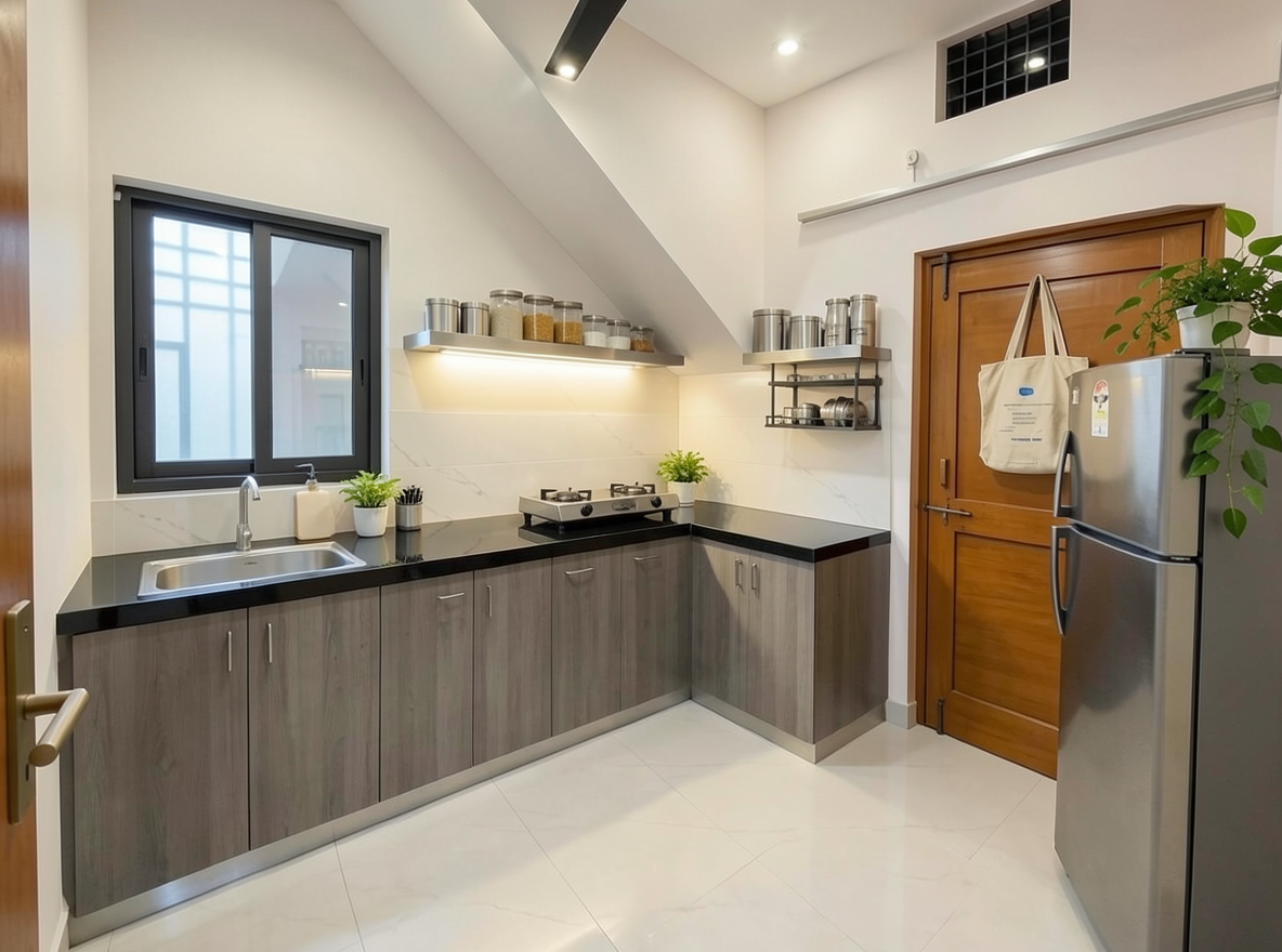 Main redesign studio: Redesign this room in a Modern interior style: clean lines, a neutral palette with bold accents, sleek low-profile furniture, glass and matte-metal su