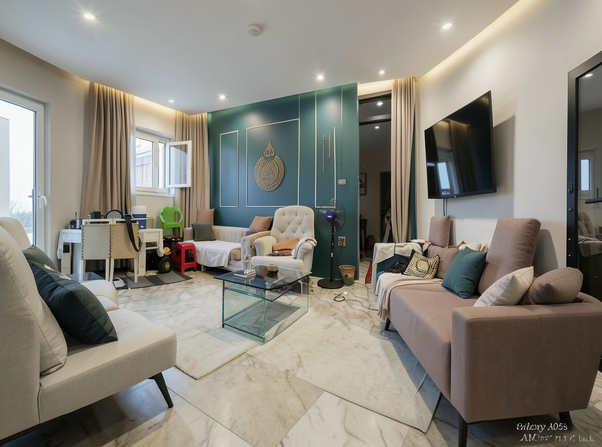 Main redesign studio: Redesign this room in a Modern interior style: clean lines, a neutral palette with bold accents, sleek low-profile furniture, glass and matte-metal su