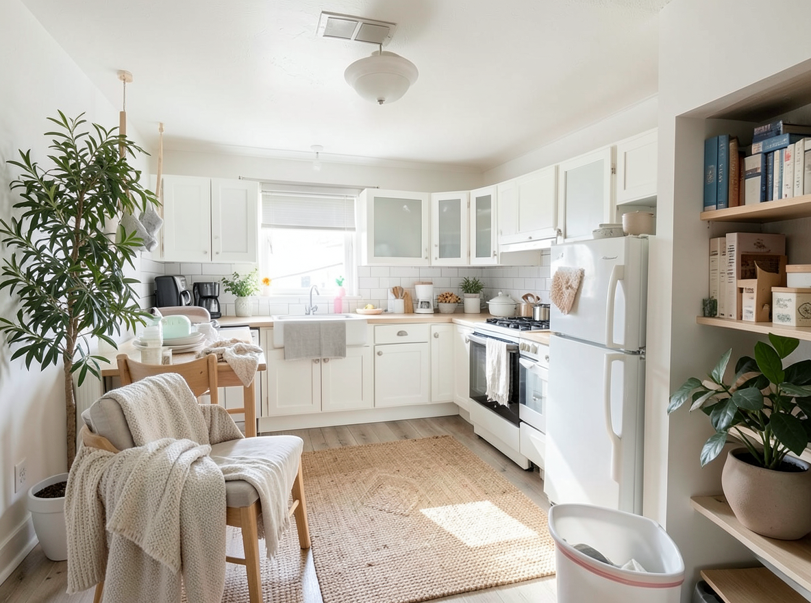 Main redesign studio: Redesign this room in a Scandinavian interior style: light oak wood, a white and soft-grey palette, wool and linen textiles, a woven jute rug, leafy p