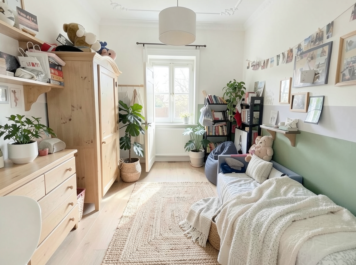 Main redesign studio: Redesign this room in a Scandinavian interior style: light oak wood, a white and soft-grey palette, wool and linen textiles, a woven jute rug, leafy p