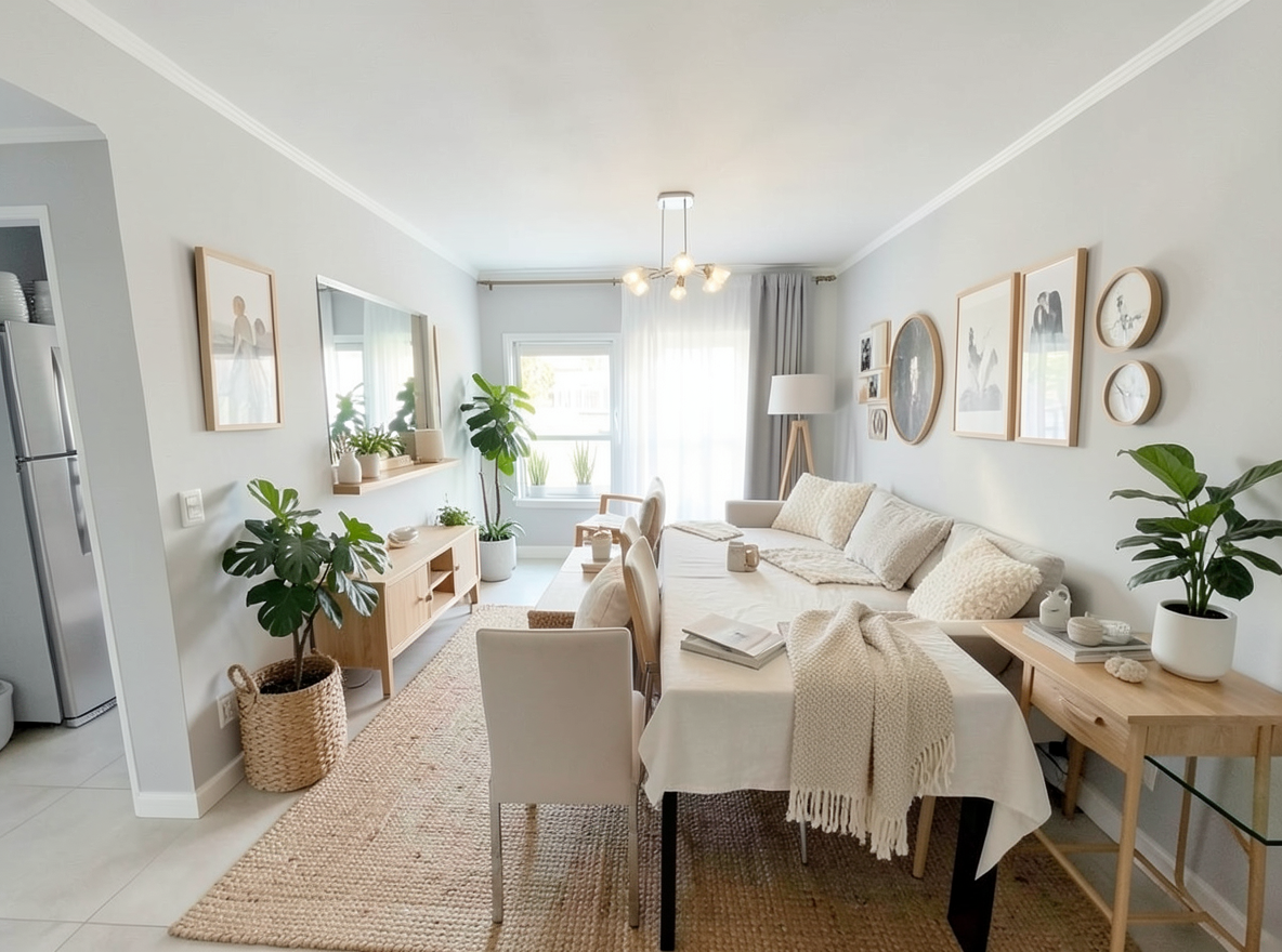 Main redesign studio: Redesign this room in a Scandinavian interior style: light oak wood, a white and soft-grey palette, wool and linen textiles, a woven jute rug, leafy p